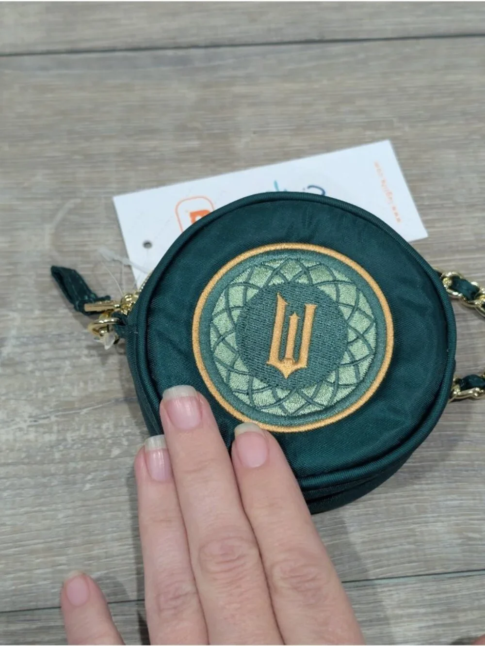 NWT Wicked X Lug Ozwheel Pouch With Embroidery Green Zip Around Gold Strap Bag